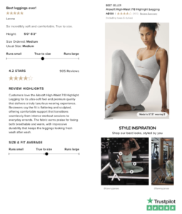 Alo Yoga product page showing customer reviews, fit guidance, review highlights, and ecommerce trust signals.