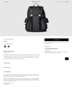 Gucci product page showing delivery details, customer support, product information, and ecommerce trust signals.