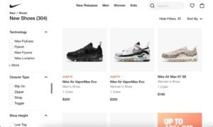 Nike collection page with product filters, category navigation, and browse options for ecommerce SEO and user experience.