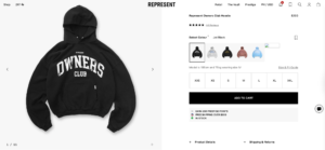 Represent product page showing reviews, size guide, shipping information, and ecommerce trust signals