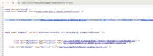 Apple website source code showing hreflang annotations for international and language targeting.