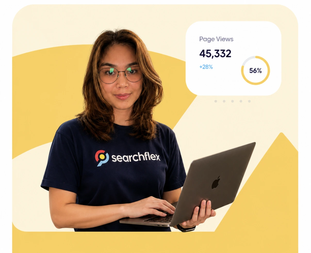 Searchflex team member holding a laptop, with a page views analytics graphic.